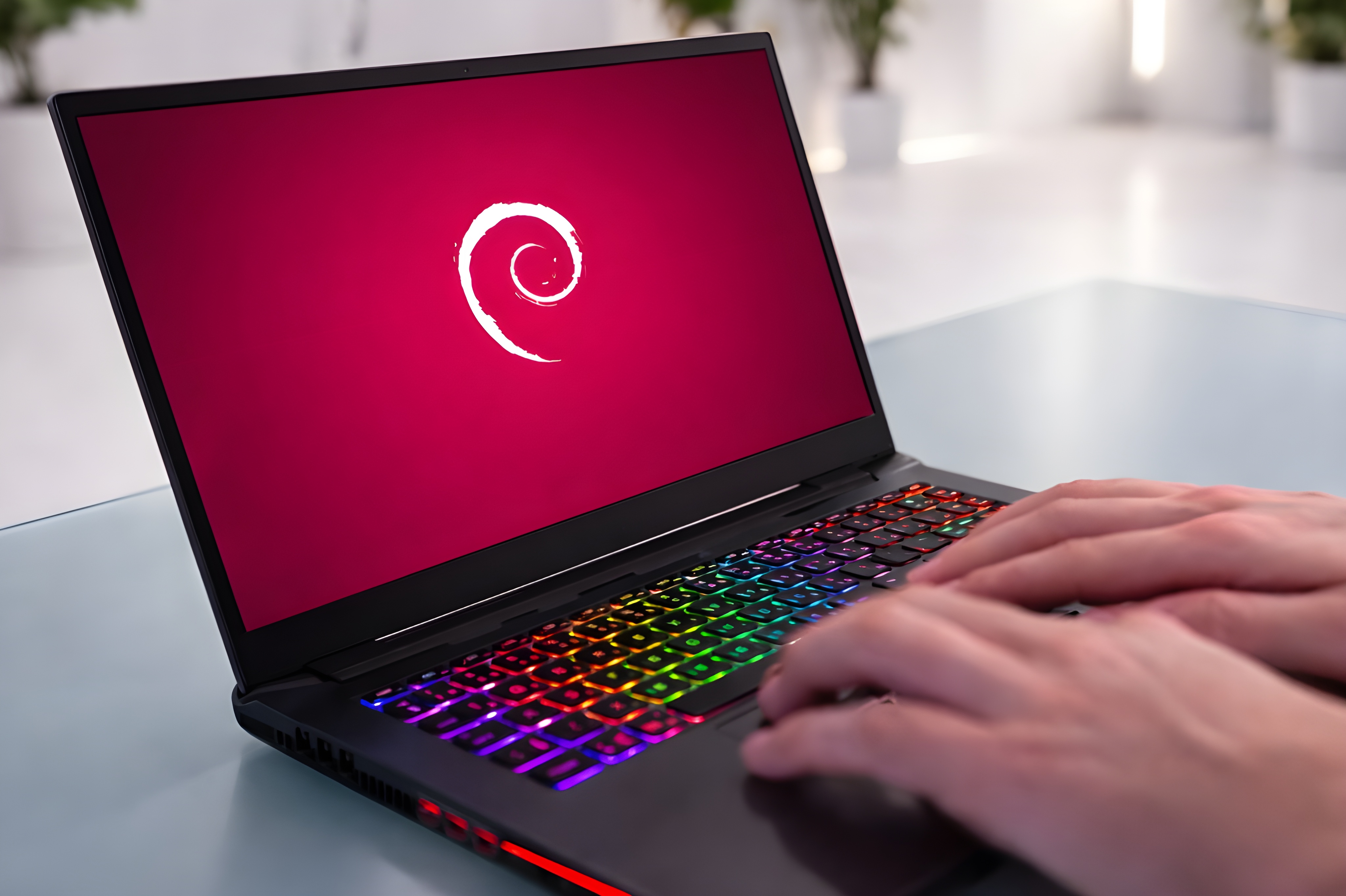 Manos en teclado de laptop con fondo Debian
